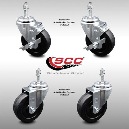 Service Caster 4 Inch SS Soft Rubber Wheel Swivel 3/8 Inch Threaded Stem Caster Brake SCC, 2PK SCC-SSTS20S414-SRS-381615-2-TLB-2